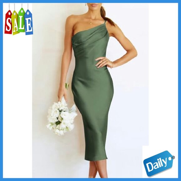 One Shoulder Satin Midi Dress Backless Bodycon Formal Summer - Picture 7 of 8